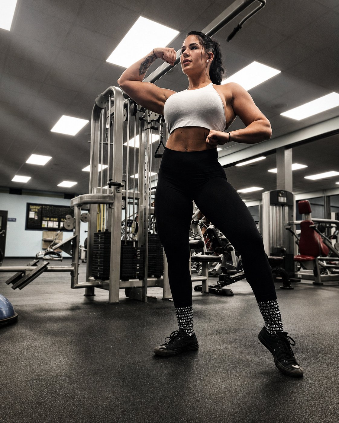 Athletic woman posing confidently in a gym